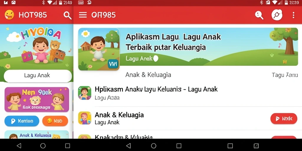Tampilan antarmuka HOT985 dengan berbagai pilihan lagu anak yang menarik.